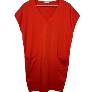Trina Turk Solid Orange Casual Cotton V Neck Mini Dress Pockets Size Small